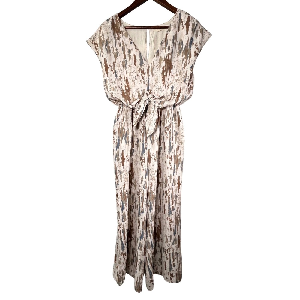 Grade & Gather Abstract Cropped Wide Leg‎ Jumpsuit Tan Brown Blue Medium